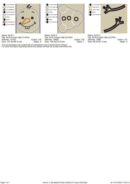 Olaf Frozen Ornament - ITH Project - Machine Embroidery Design