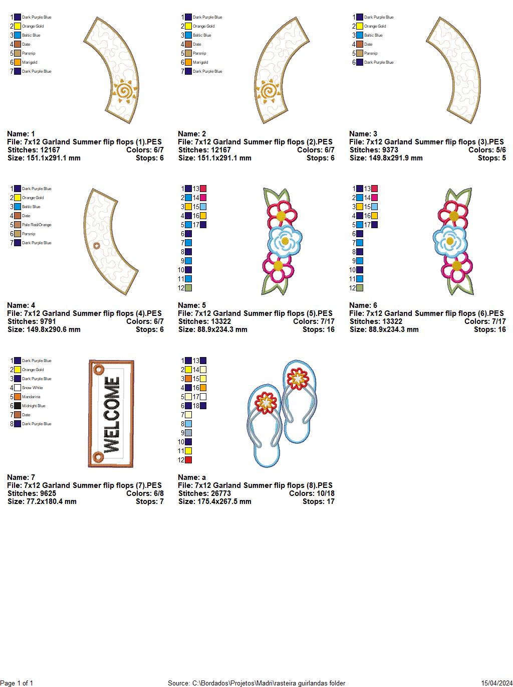 Garland Summer flip flops Summer Door Ornament - ITH Project - Machine Embroidery Design