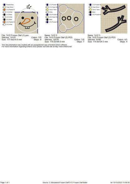 Olaf Frozen Ornament - ITH Project - Machine Embroidery Design