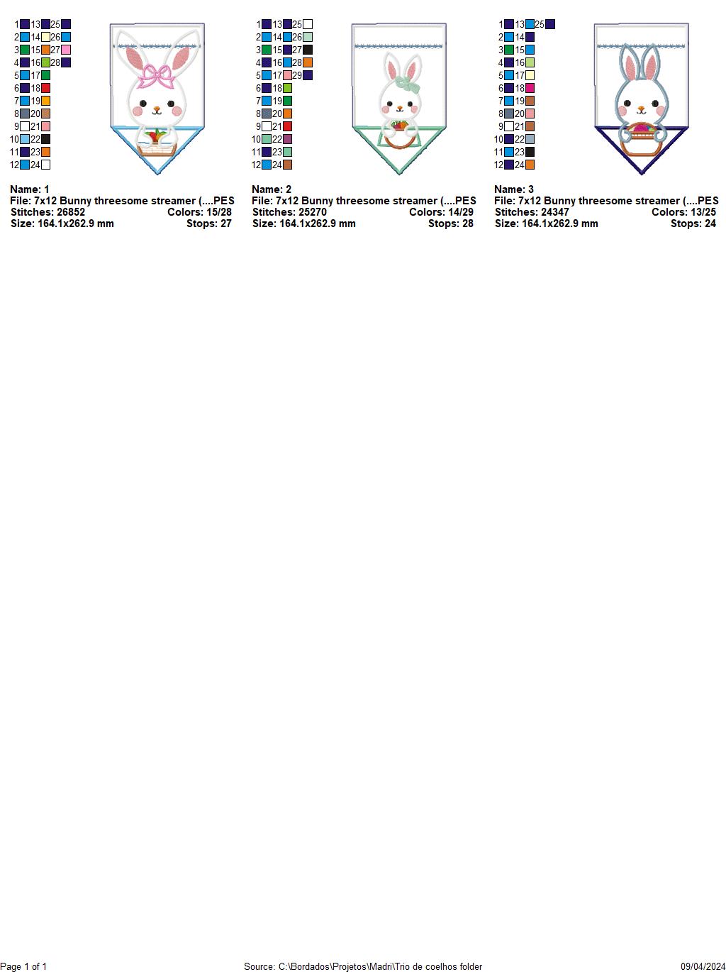 Bunny threesome streamer - ITH Project - Machine Embroidery Design