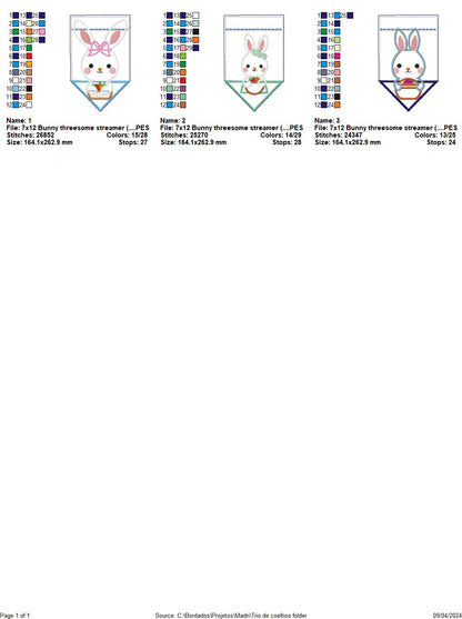 Bunny threesome streamer - ITH Project - Machine Embroidery Design