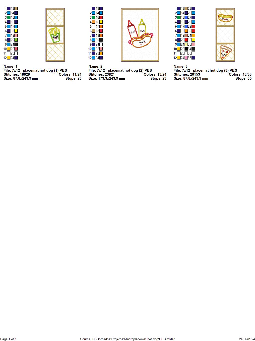 Placemat hot dog - ITH Project - Machine Embroidery Design