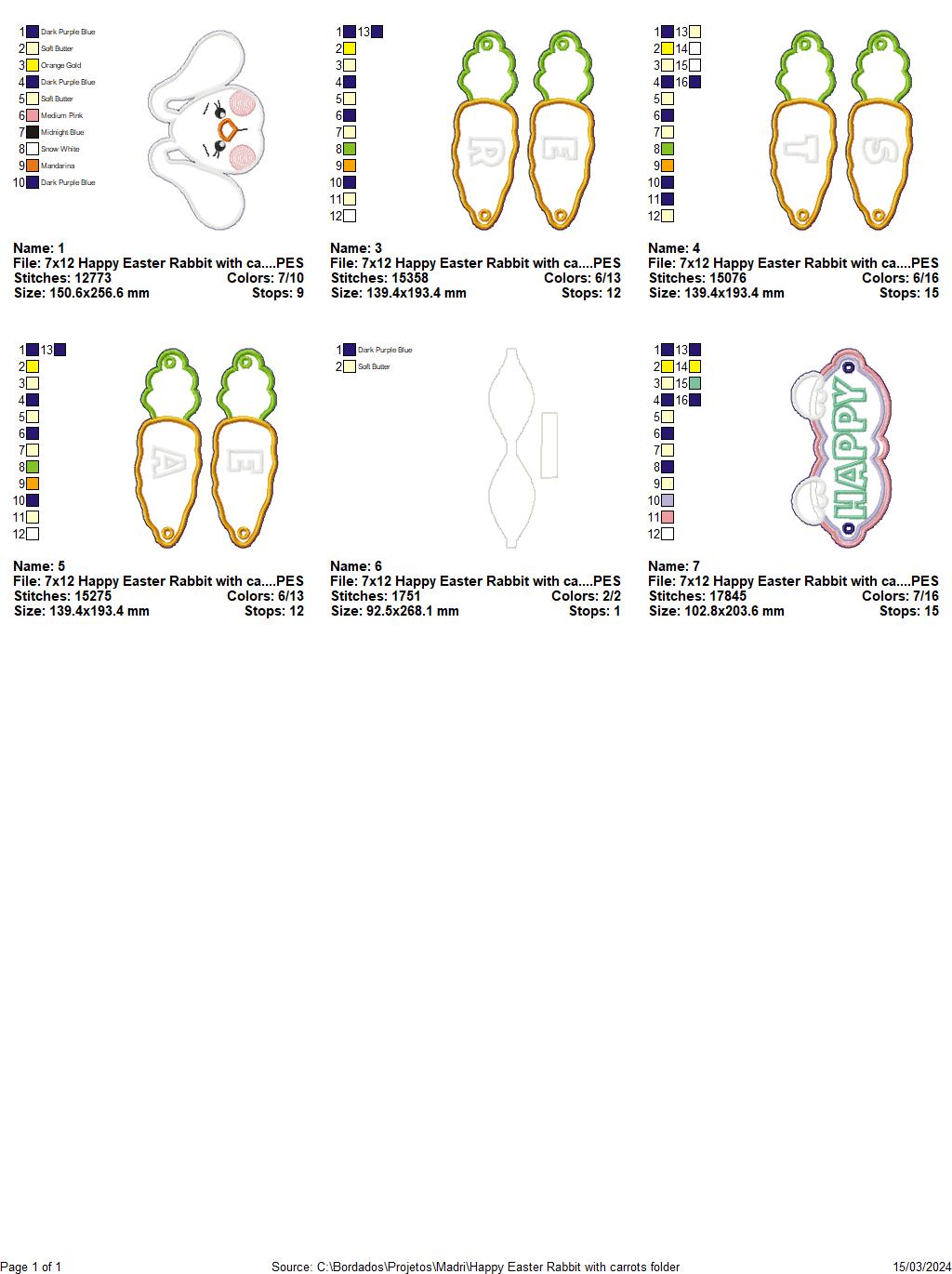 Happy Easter Rabbit with Carrots - ITH Project - Machine Embroidery Design