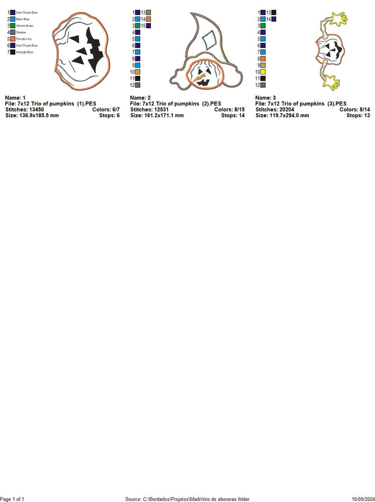 Trio of Pumpkins  - ITH Project - Machine Embroidery Design
