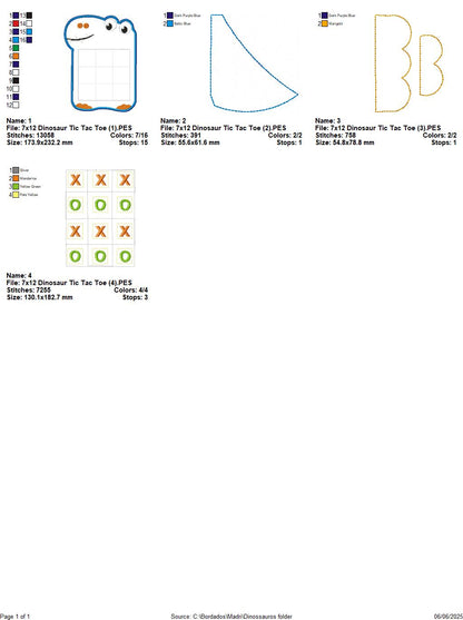 Cute Dinossaur Tic Tac Toe Game  – ITH – Machine Embroidery Design