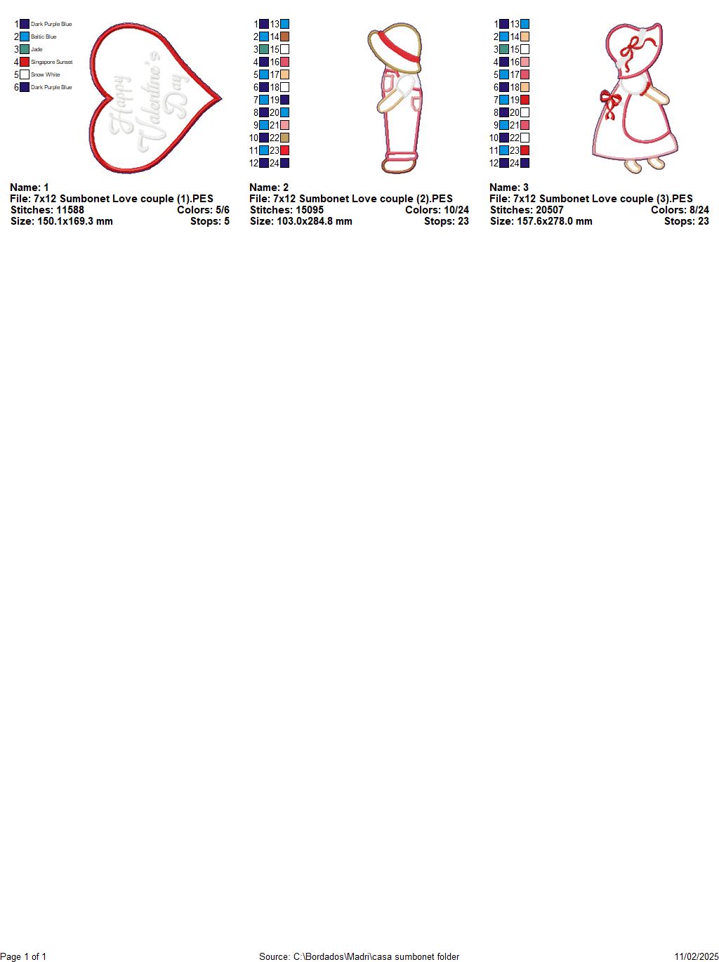 Valentine Sunbonnet Couple - ITH Project - Machine Embroidery Design