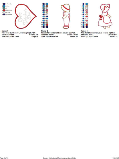Valentine Sunbonnet Couple - ITH Project - Machine Embroidery Design