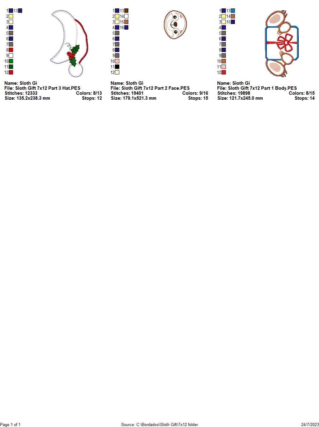 Christmas Sloth Holding a Gift - ITH Project - Machine Embroidery Design