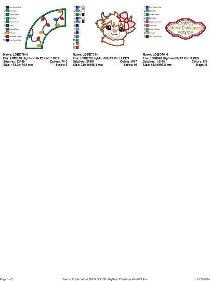Christmas Highland Cow Wreath - ITH Project - Machine Embroidery Design