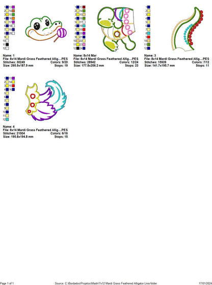 Mardi Grass Feathered Alligator - ITH Project - Machine Embroidery Design