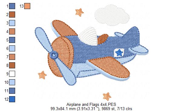 Airplane and Flags - Fill Stitch - Machine Embroidery Design