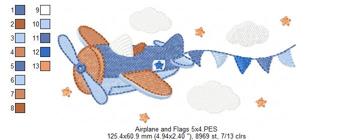 Airplane and Flags - Fill Stitch - Machine Embroidery Design