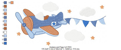 Airplane and Flags - Fill Stitch - Machine Embroidery Design