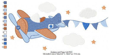 Airplane and Flags - Fill Stitch - Machine Embroidery Design