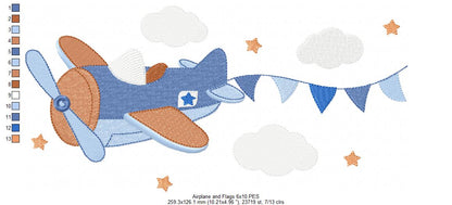 Airplane and Flags - Fill Stitch - Machine Embroidery Design
