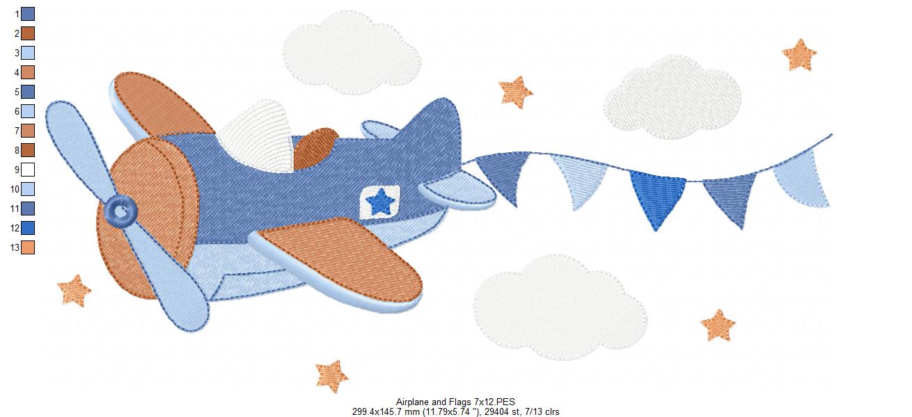 Airplane and Flags - Fill Stitch - Machine Embroidery Design