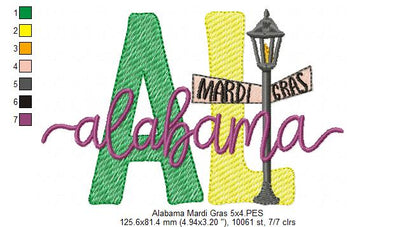 Alabama Mardi Gras - Fill Stitch - Machine Embroidery Design