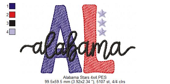 Alabama AL Stars - Rippled Stitch - Machine Embroidery Design