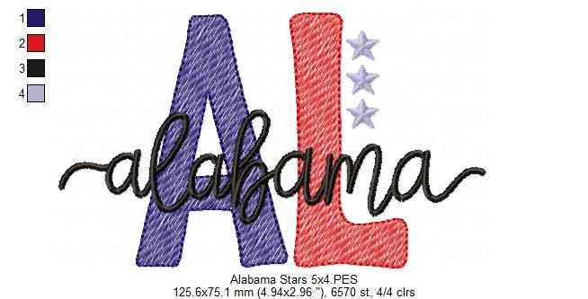 Alabama AL Stars - Rippled Stitch - Machine Embroidery Design