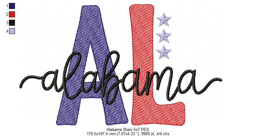 Alabama AL Stars - Rippled Stitch - Machine Embroidery Design