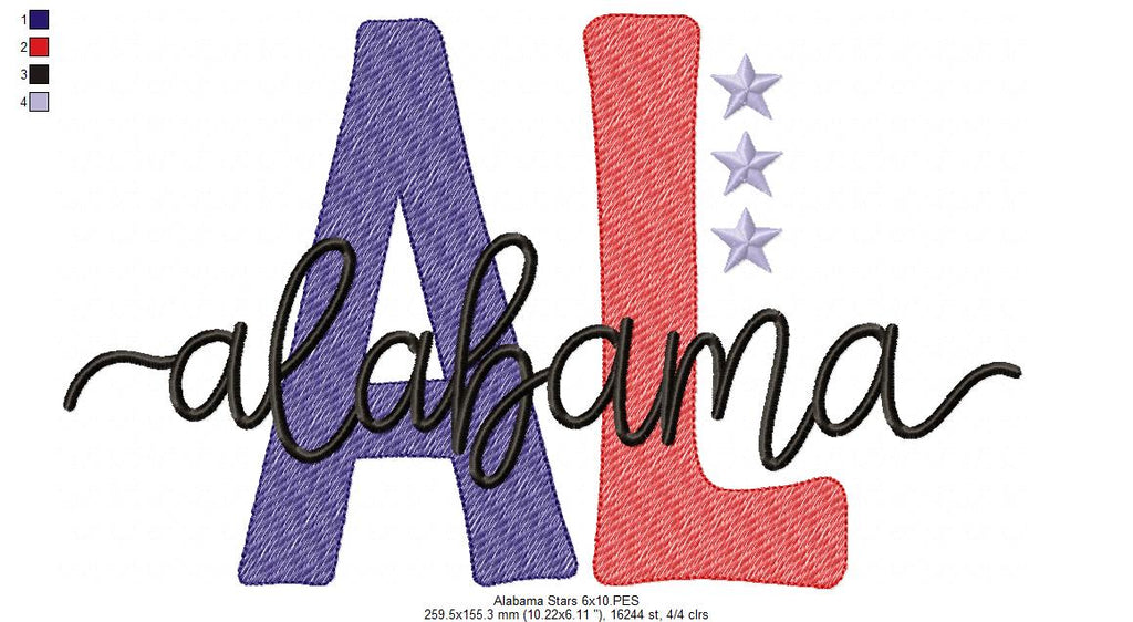 Alabama AL Stars - Rippled Stitch - Machine Embroidery Design