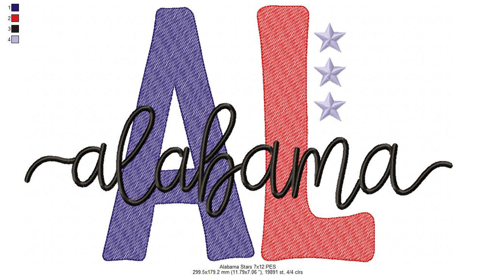 Alabama AL Stars - Rippled Stitch - Machine Embroidery Design