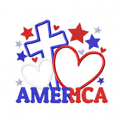 America Cross and Hearts - Applique - Machine Embroidery Design
