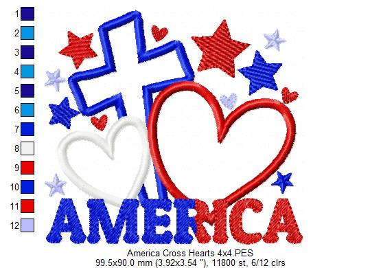 America Cross and Hearts - Applique - Machine Embroidery Design