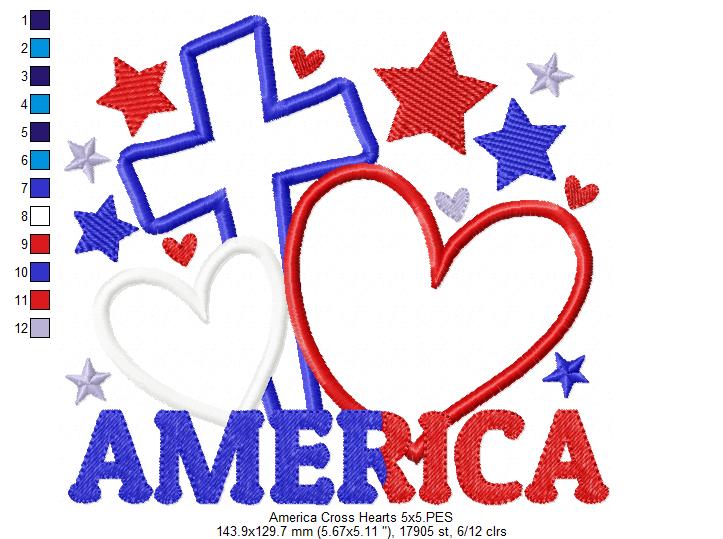 America Cross and Hearts - Applique - Machine Embroidery Design