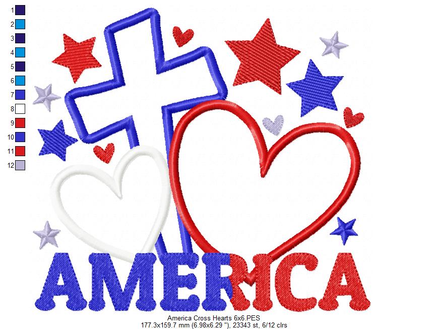 America Cross and Hearts - Applique - Machine Embroidery Design