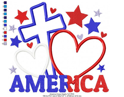 America Cross and Hearts - Applique - Machine Embroidery Design