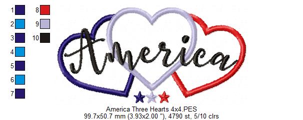 America Three Hearts - Applique - Machine Embroidery Design