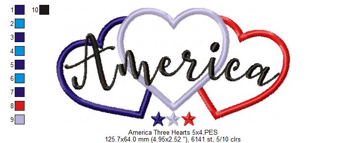 America Three Hearts - Applique - Machine Embroidery Design