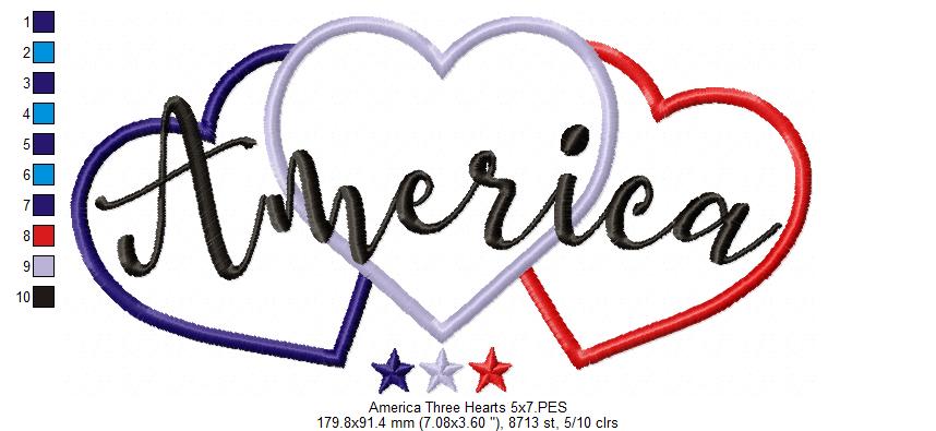 America Three Hearts - Applique - Machine Embroidery Design