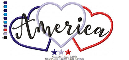 America Three Hearts - Applique - Machine Embroidery Design