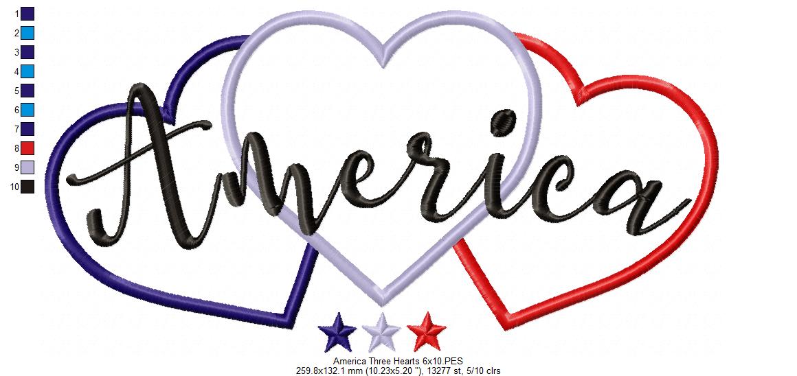 America Three Hearts - Applique - Machine Embroidery Design