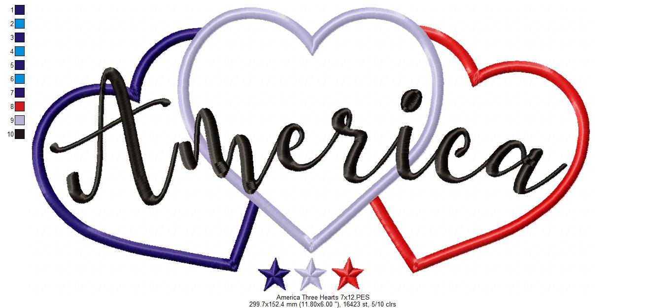 America Three Hearts - Applique - Machine Embroidery Design