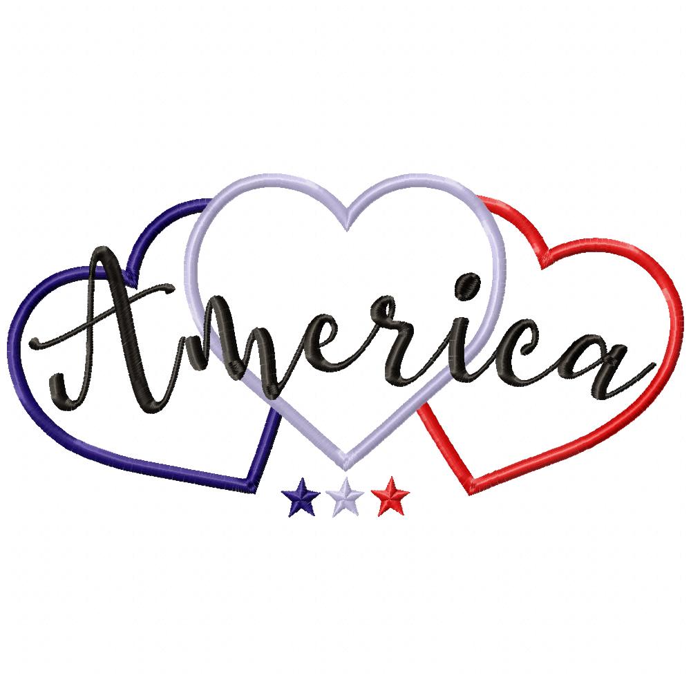 America Three Hearts - Applique - Machine Embroidery Design
