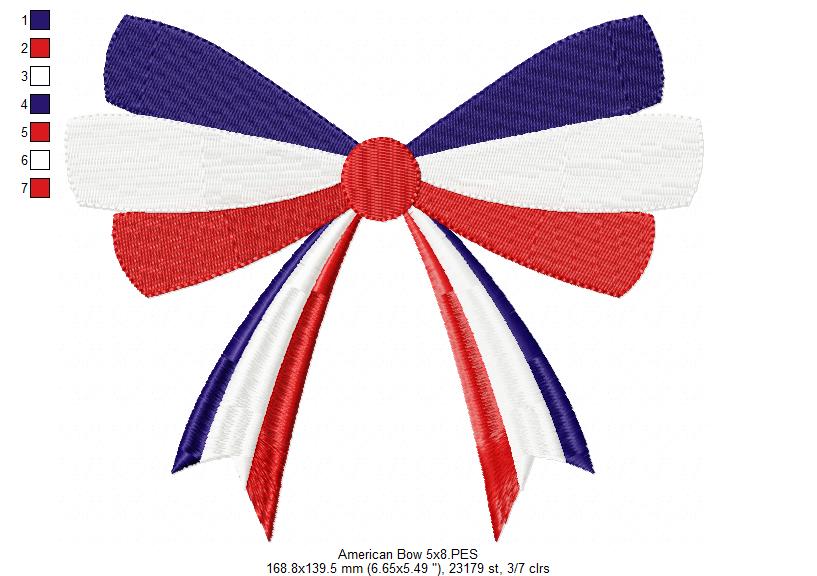 Patriotic 4th of July American Bow - Fill Stitch - 1x1 2x2 3x3 4x4 5x4 5x7 5x8 6x10 7x12