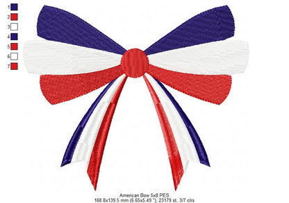 Patriotic 4th of July American Bow - Fill Stitch - 1x1 2x2 3x3 4x4 5x4 5x7 5x8 6x10 7x12