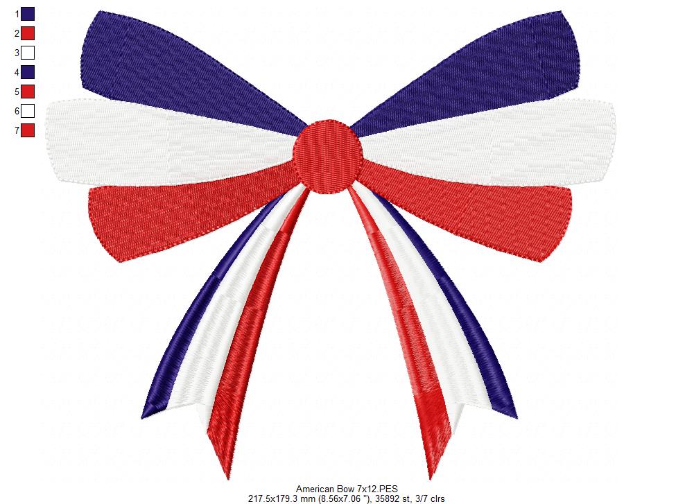 Patriotic 4th of July American Bow - Fill Stitch - 1x1 2x2 3x3 4x4 5x4 5x7 5x8 6x10 7x12