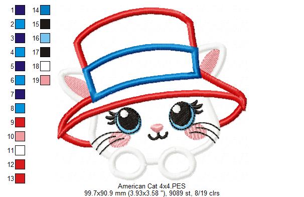 Patriotic 4th of July Cat - Applique - Machine Embroidery Design
