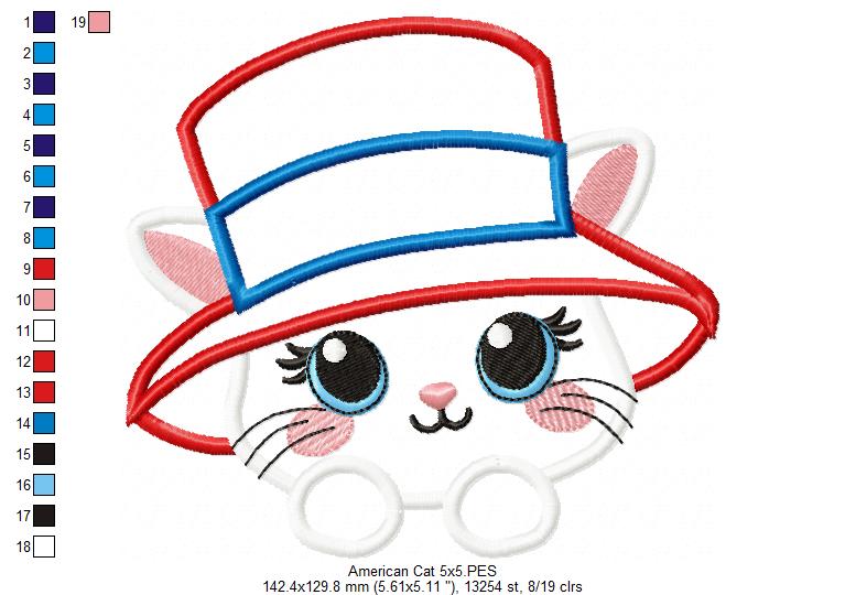 Patriotic 4th of July Cat - Applique - Machine Embroidery Design
