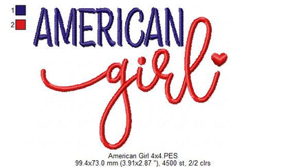 🇺🇸 American Girl ❤️ – Satin Stitch – Machine Embroidery Design