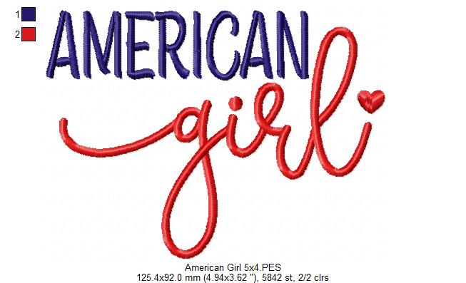 🇺🇸 American Girl ❤️ – Satin Stitch – Machine Embroidery Design