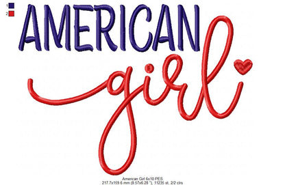 🇺🇸 American Girl ❤️ – Satin Stitch – Machine Embroidery Design