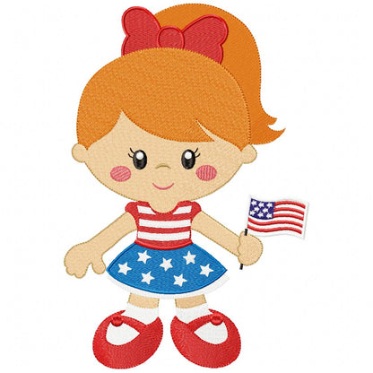 Sweet American Kids with Flag – Fill Stitch – Machine Embroidery Design