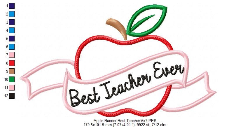 Back to School Apple Best Teacher Ever - Applique Embroidery