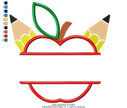Back to School Split Apple and Pencils - Applique