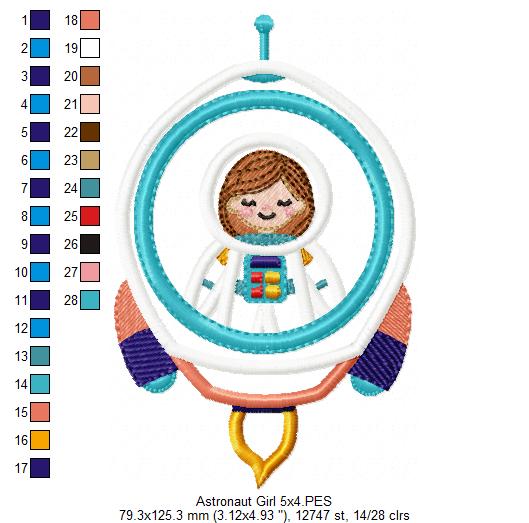 Astronaut Space Rocket Girl - Applique - Machine Embroidery Design